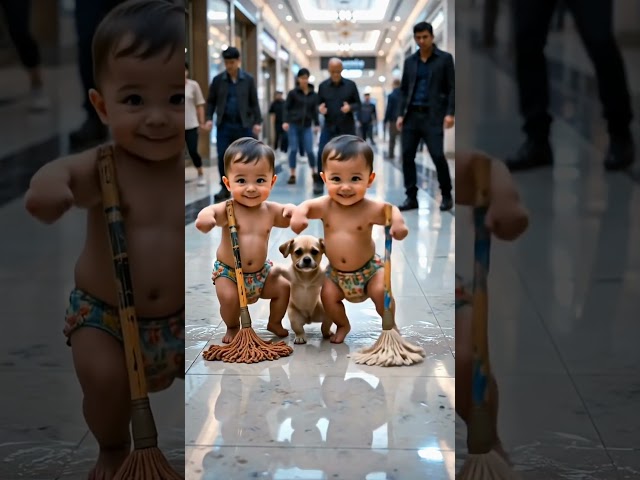 Cute Baby Twins Cleaning Mall with Puppy 🐶 | Funny Viral Video 2025